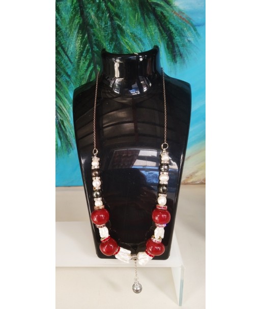 CHAINE EN ARGENT PERLES DE TAHITI ET DE CULTURE BOULES TERRES CUITE ROUGE