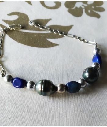 Bracelet en argent, perles lapis lazuli et perles de tahiti