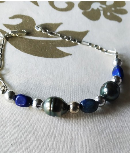 Bracelet en argent, perles lapis lazuli et perles de tahiti